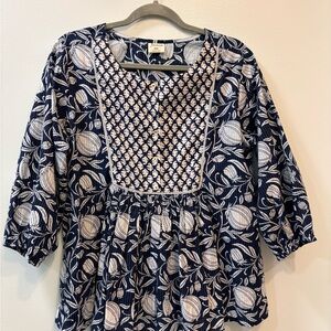 Janasya Navy and White Floral Blouse